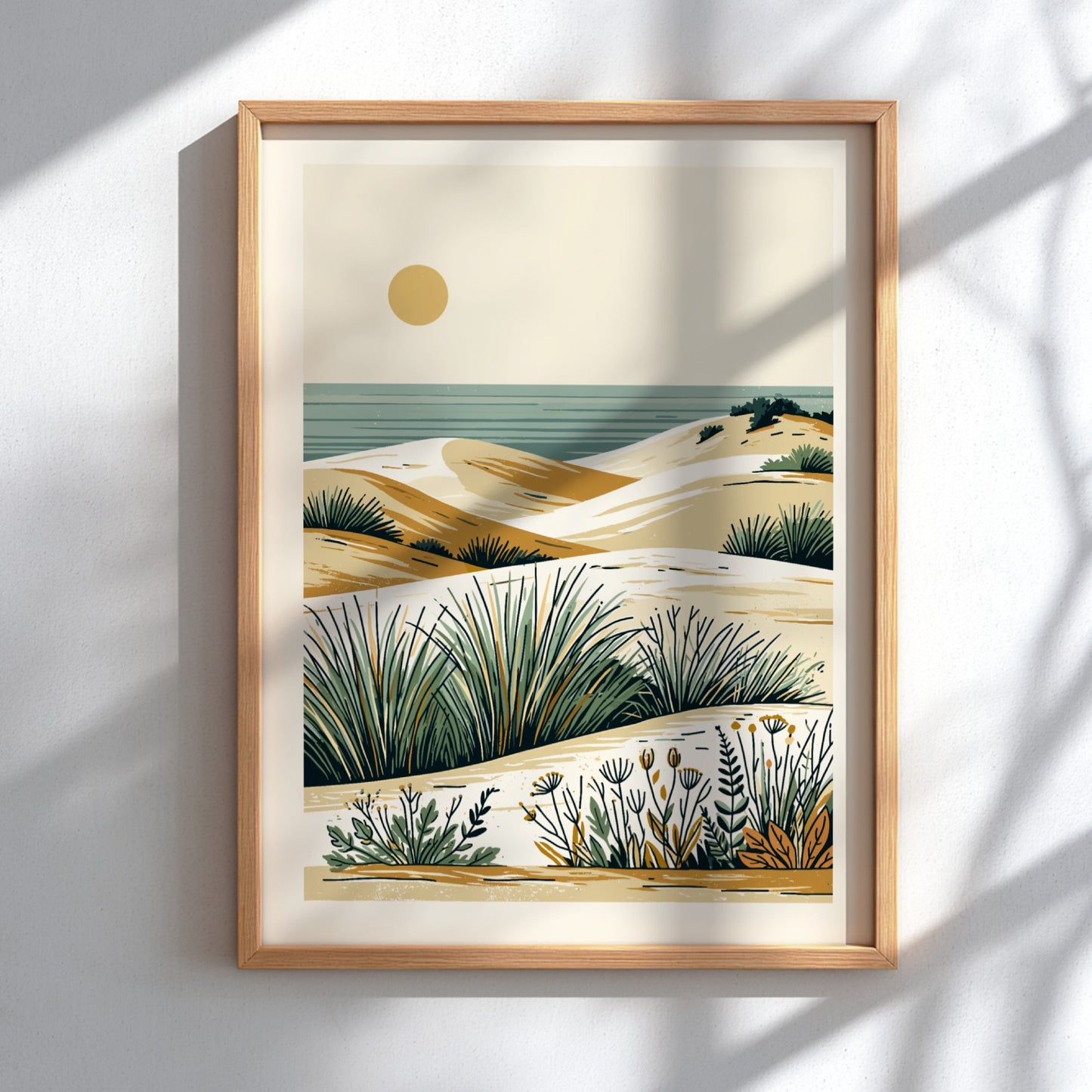 Minimalist coastal dunes landscape art print with sand, sea, and grasses in a warm, earthy palette.