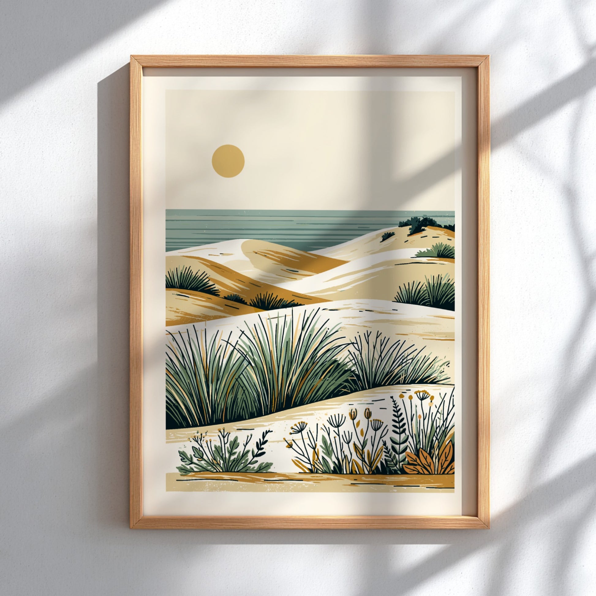 Minimalist coastal dunes landscape art print with sand, sea, and grasses in a warm, earthy palette.