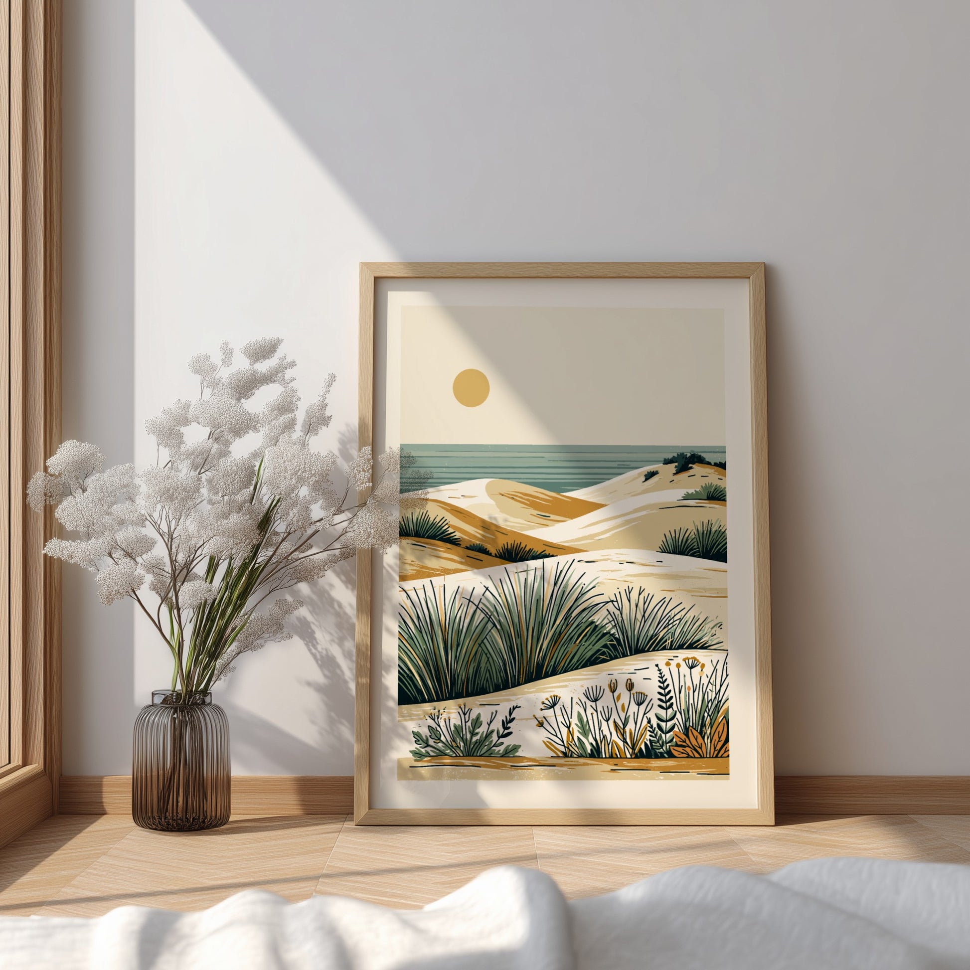 Minimalist coastal dunes landscape art print with sand, sea, and grasses in a warm, earthy palette.