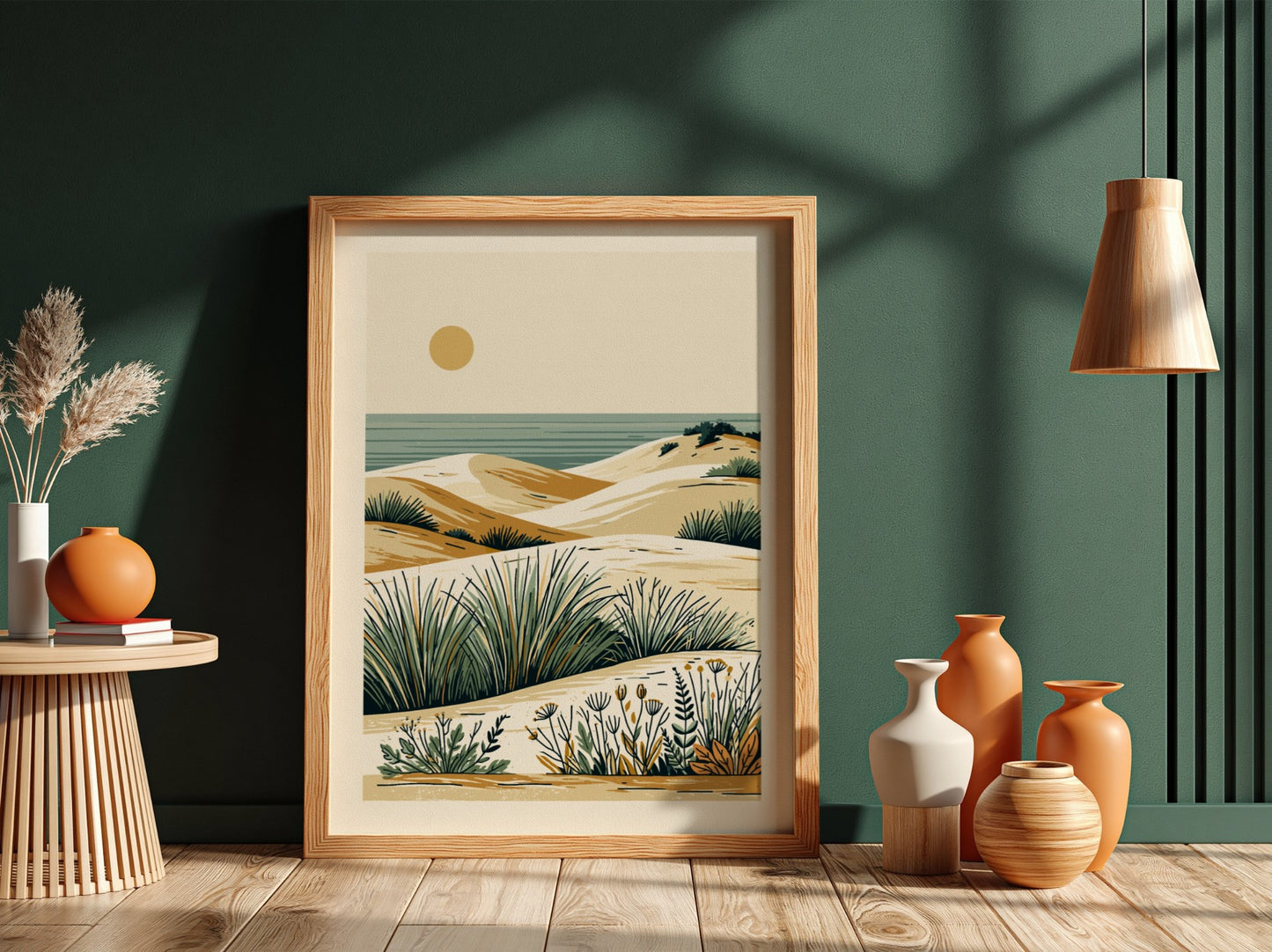 Minimalist coastal dunes landscape art print with sand, sea, and grasses in a warm, earthy palette.