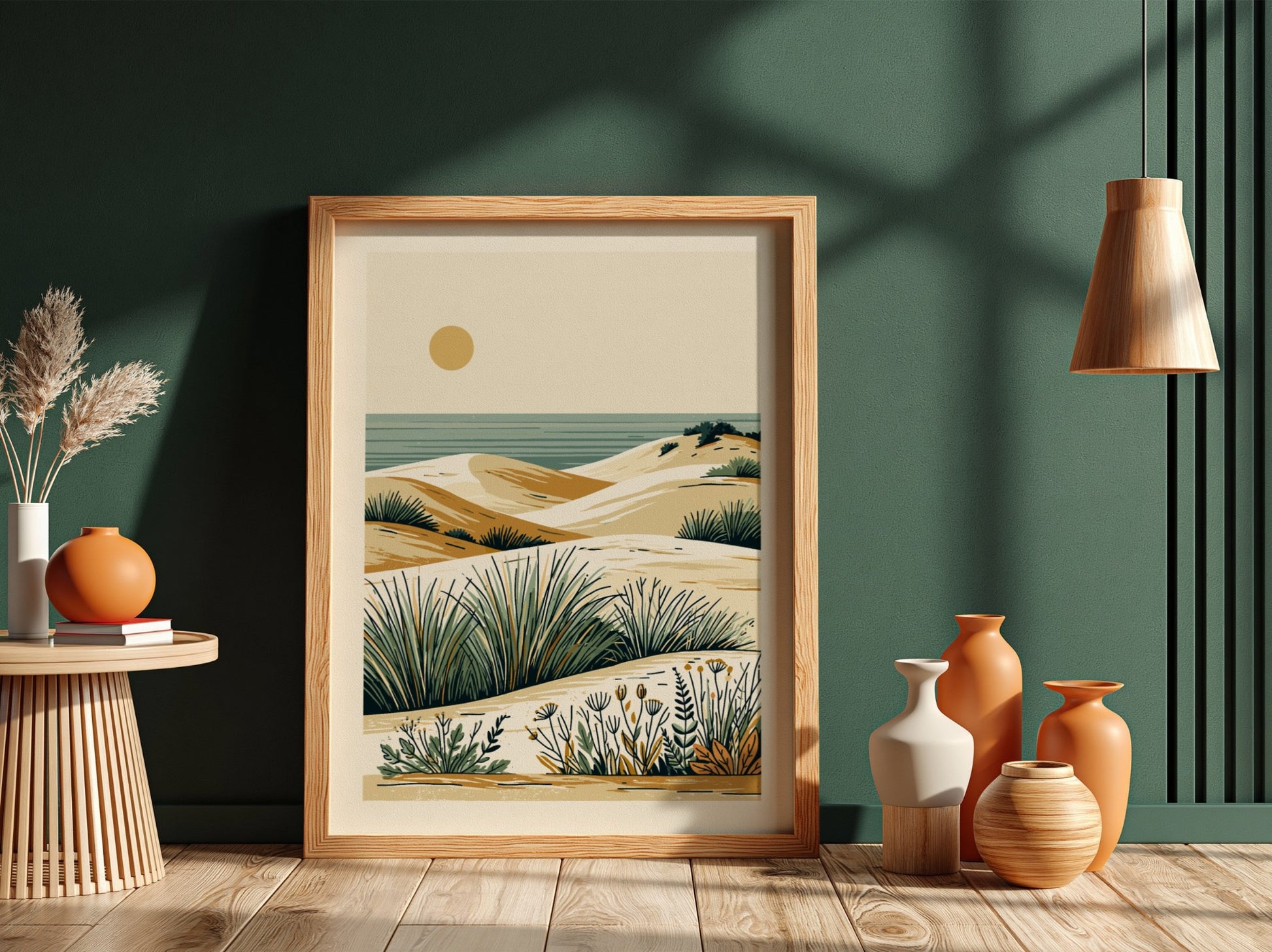 Minimalist coastal dunes landscape art print with sand, sea, and grasses in a warm, earthy palette.