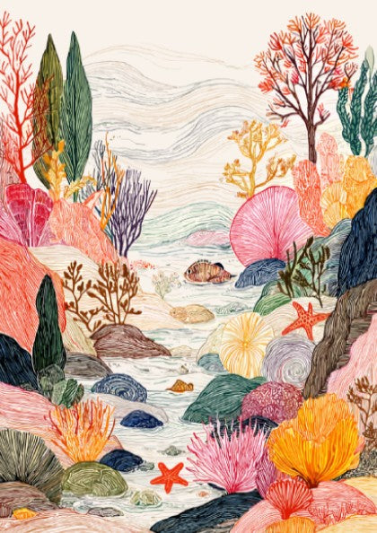 Coastal Tide Pools poster featuring colorful coral reefs, fish, and starfish in a whimsical underwater scene.