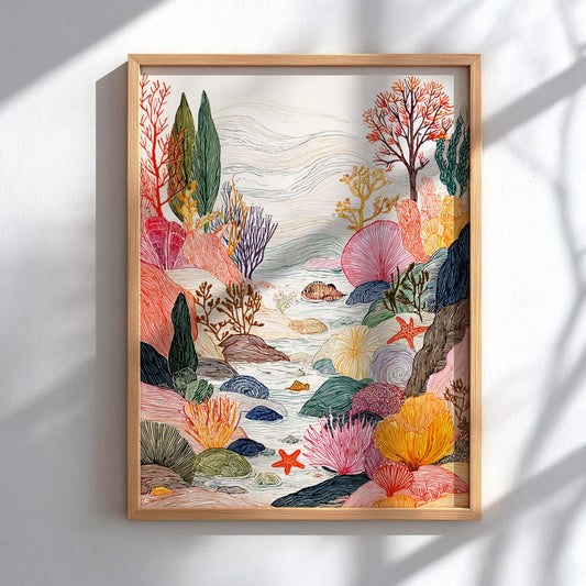 Coastal Tide Pools poster featuring colorful coral reefs, fish, and starfish in a whimsical underwater scene.