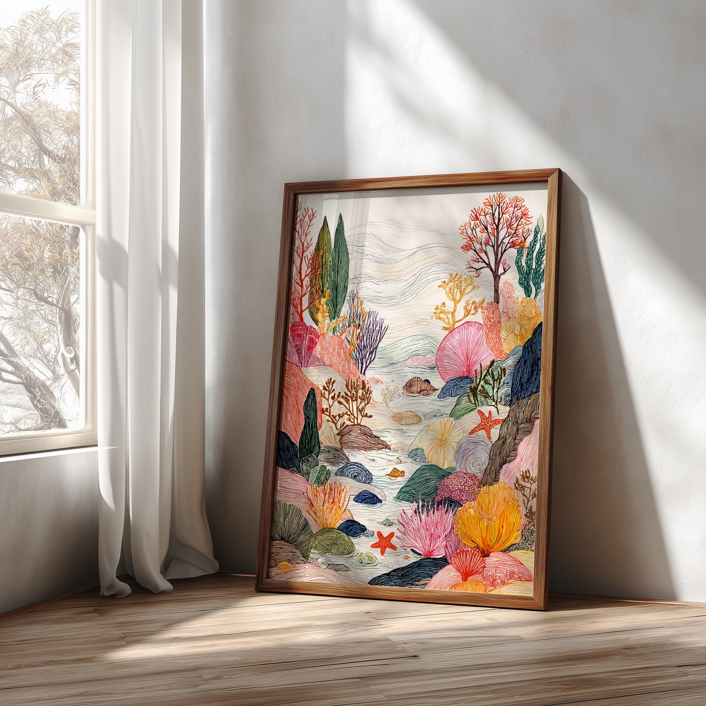 Coastal Tide Pools poster featuring colorful coral reefs, fish, and starfish in a whimsical underwater scene.