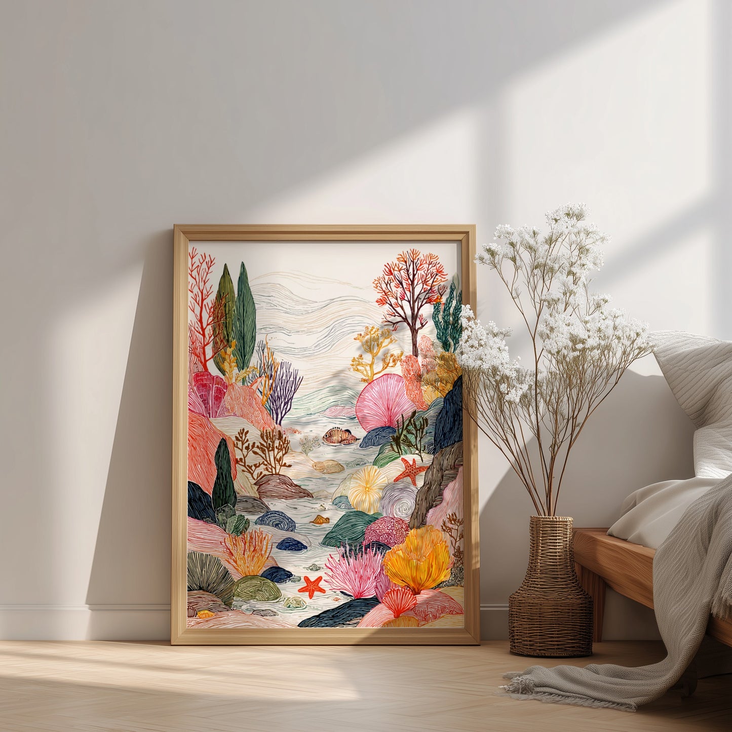 Coastal Tide Pools poster featuring colorful coral reefs, fish, and starfish in a whimsical underwater scene.