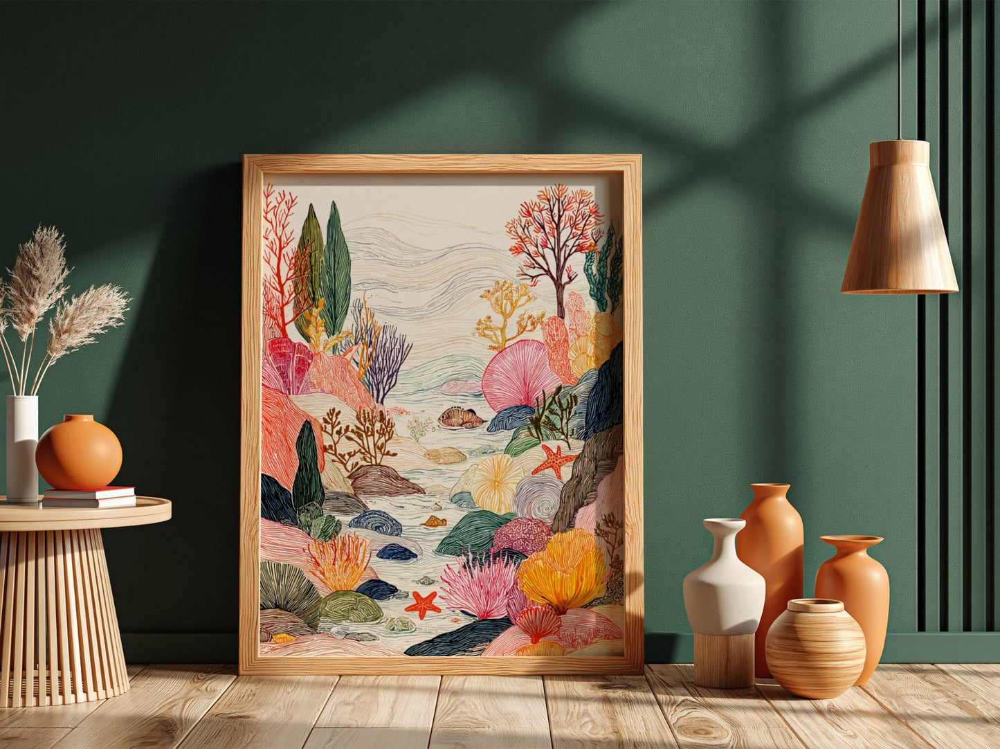Coastal Tide Pools poster featuring colorful coral reefs, fish, and starfish in a whimsical underwater scene.