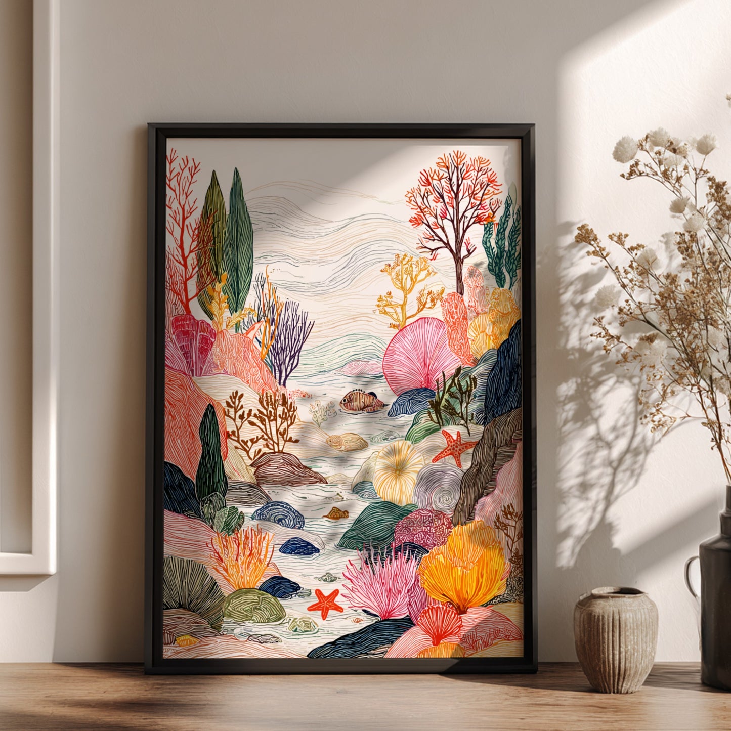 Coastal Tide Pools poster featuring colorful coral reefs, fish, and starfish in a whimsical underwater scene.