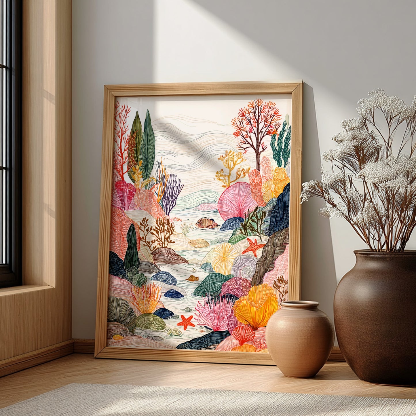 Coastal Tide Pools poster featuring colorful coral reefs, fish, and starfish in a whimsical underwater scene.