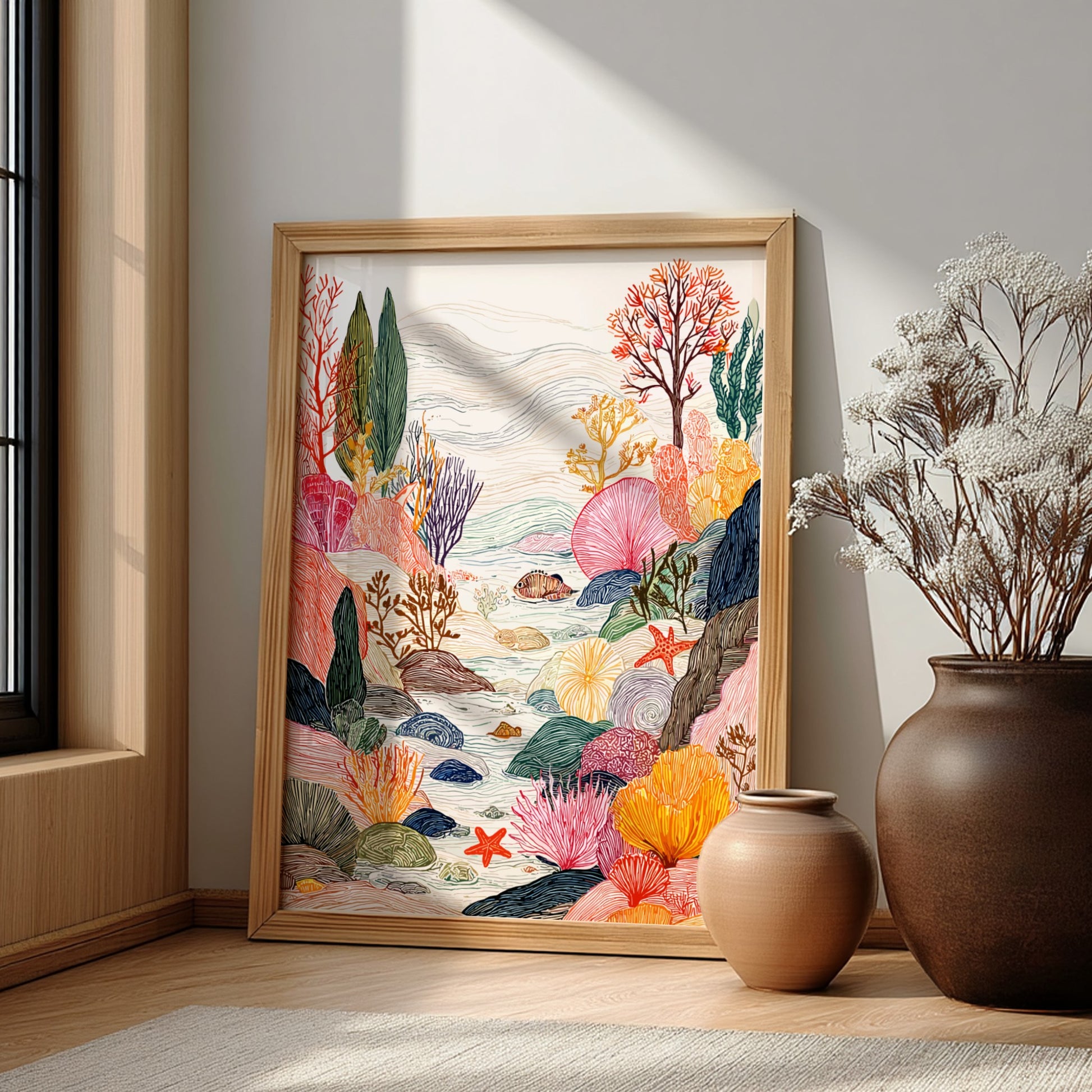 Coastal Tide Pools poster featuring colorful coral reefs, fish, and starfish in a whimsical underwater scene.