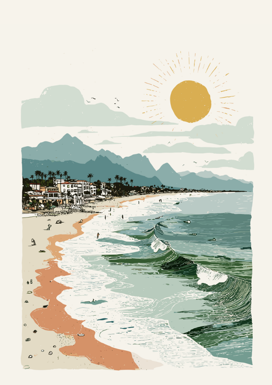 Beach scene with mountains and a sun in the sky
