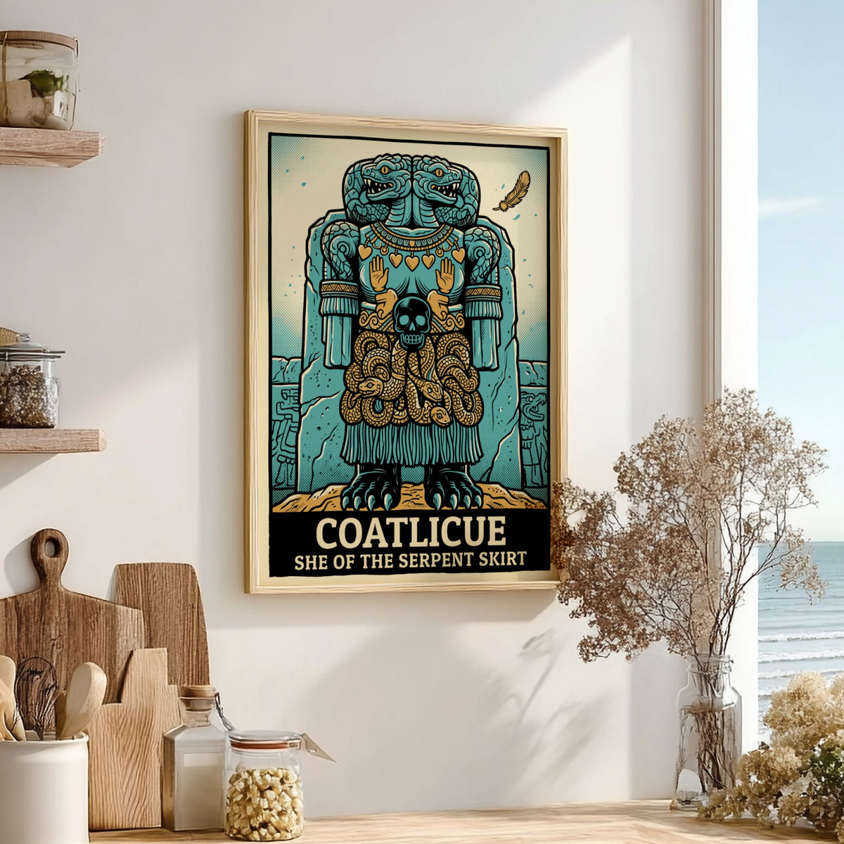 Poster featuring the Aztec goddess Coatlicue with a serpent skirt and teal palette