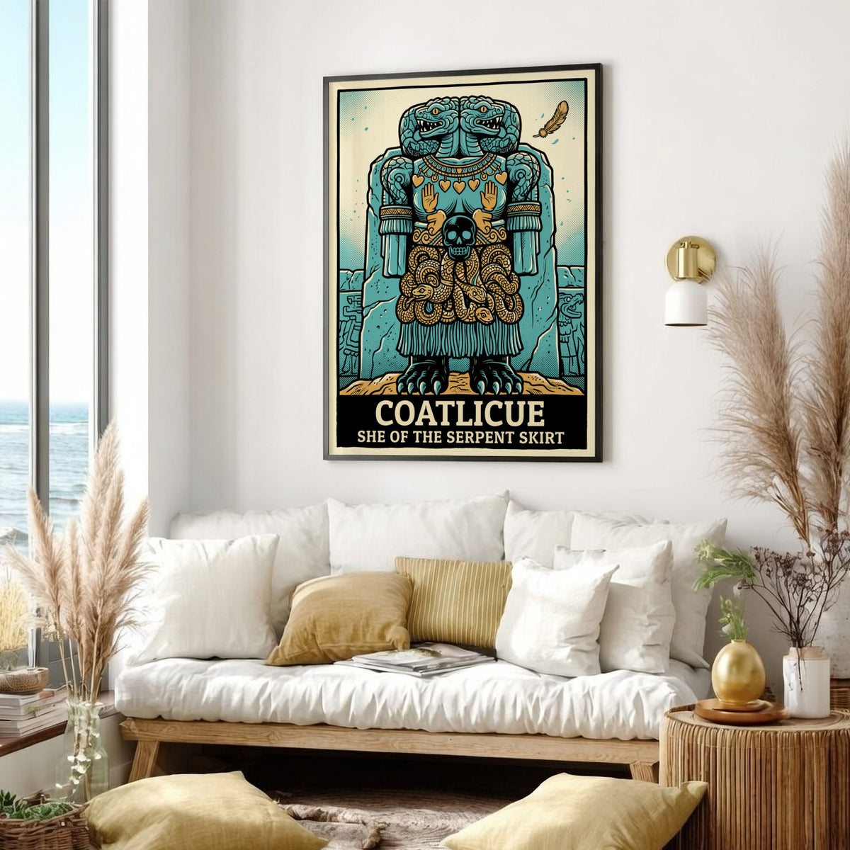 Poster featuring the Aztec goddess Coatlicue with a serpent skirt and teal palette