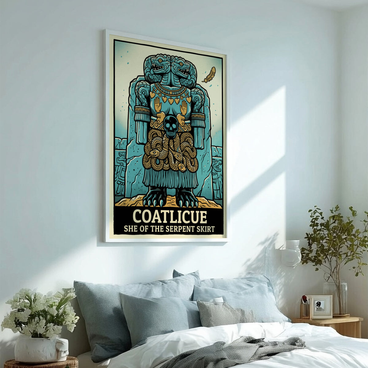 Poster featuring the Aztec goddess Coatlicue with a serpent skirt and teal palette