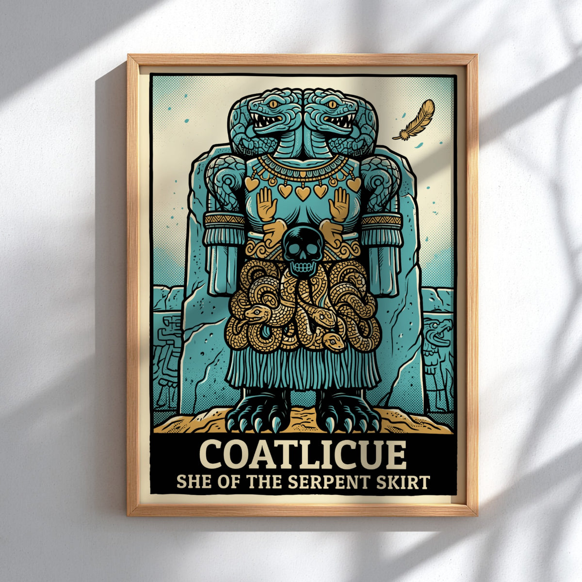 Poster featuring the Aztec goddess Coatlicue with a serpent skirt and teal palette
