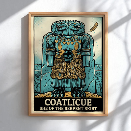 Poster featuring the Aztec goddess Coatlicue with a serpent skirt and teal palette