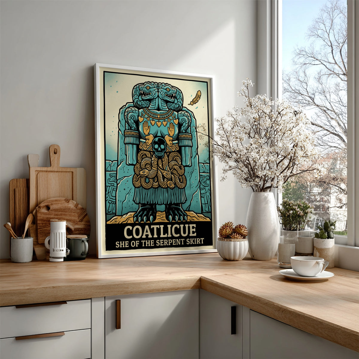 Poster featuring the Aztec goddess Coatlicue with a serpent skirt and teal palette