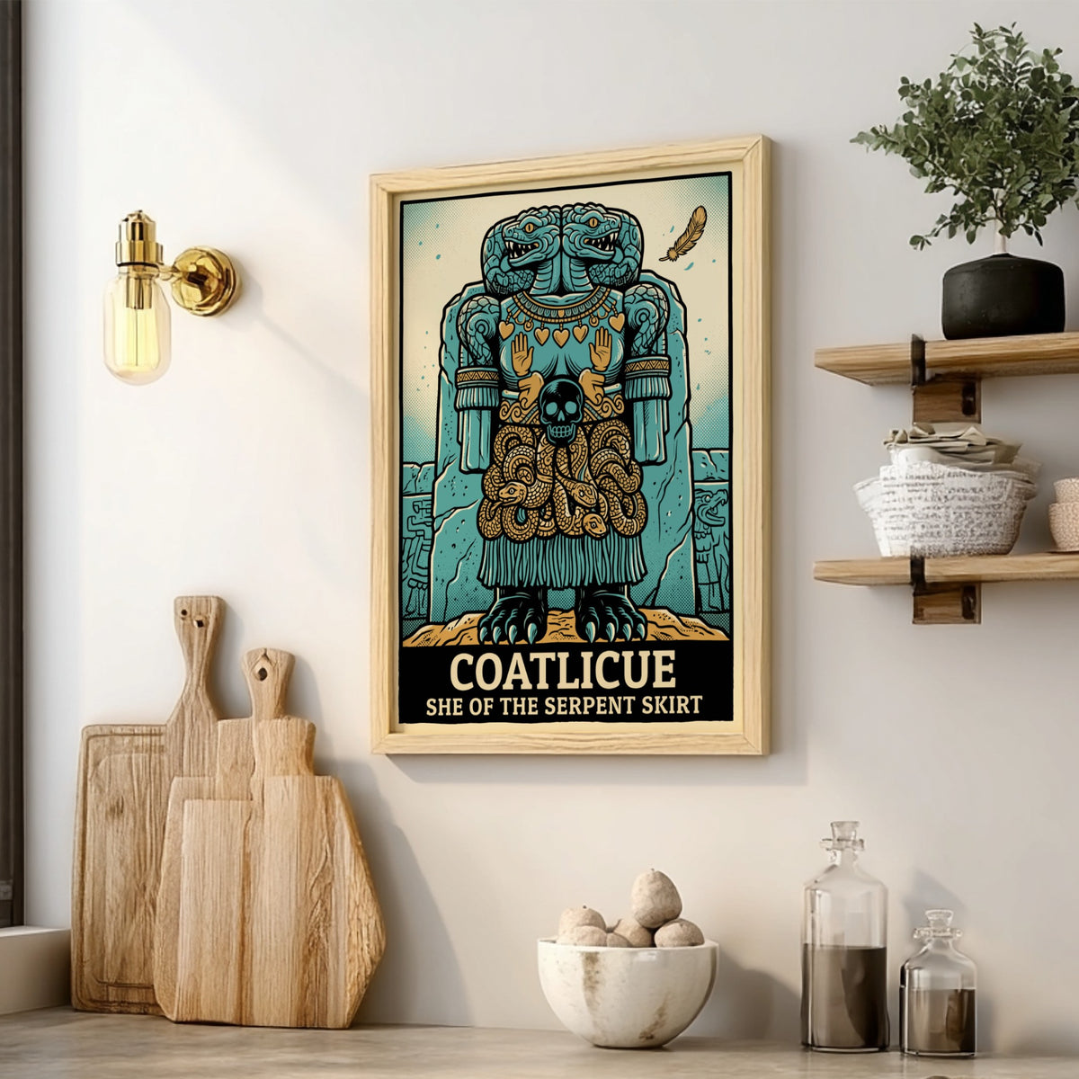 Poster featuring the Aztec goddess Coatlicue with a serpent skirt and teal palette