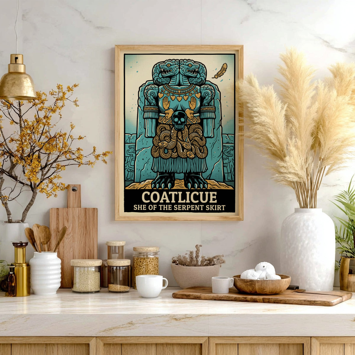 Poster featuring the Aztec goddess Coatlicue with a serpent skirt and teal palette