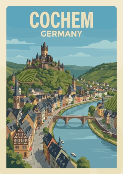 Poster of Cochem Germany featuring the hilltop castle overlooking a river and vineyards.