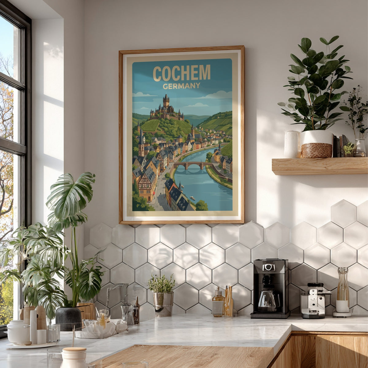 Poster of Cochem Germany featuring the hilltop castle overlooking a river and vineyards.