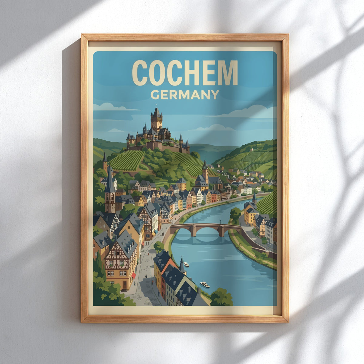 Poster of Cochem Germany featuring the hilltop castle overlooking a river and vineyards.