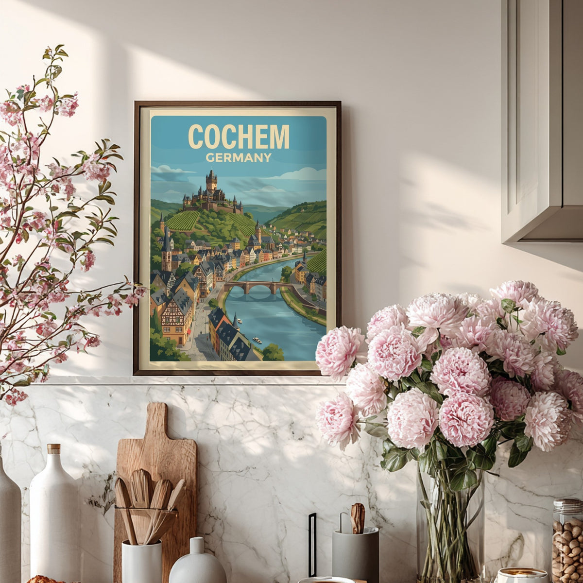 Poster of Cochem Germany featuring the hilltop castle overlooking a river and vineyards.