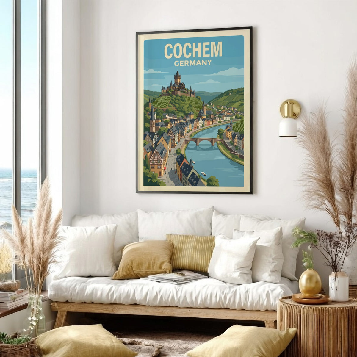 Poster of Cochem Germany featuring the hilltop castle overlooking a river and vineyards.
