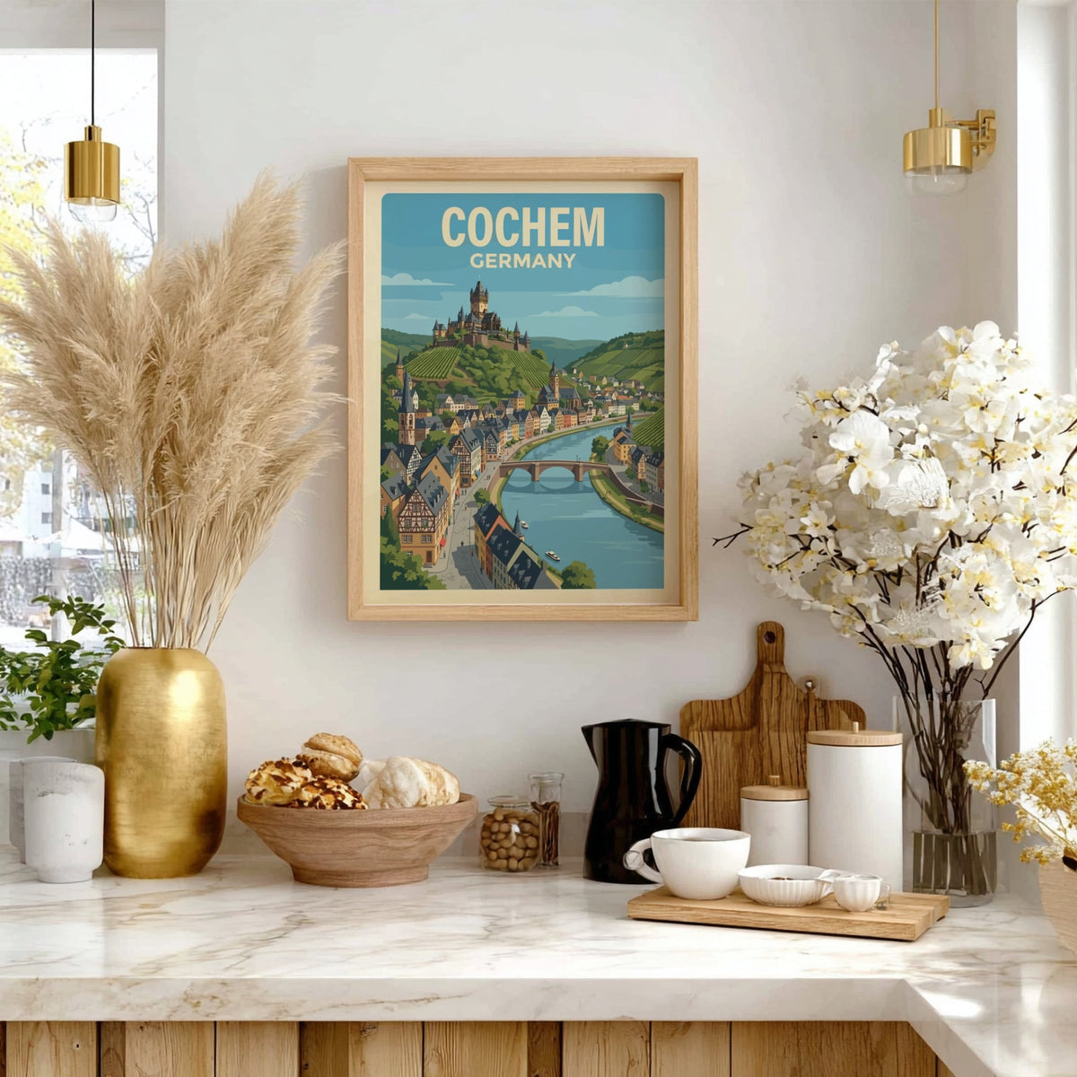 Poster of Cochem Germany featuring the hilltop castle overlooking a river and vineyards.