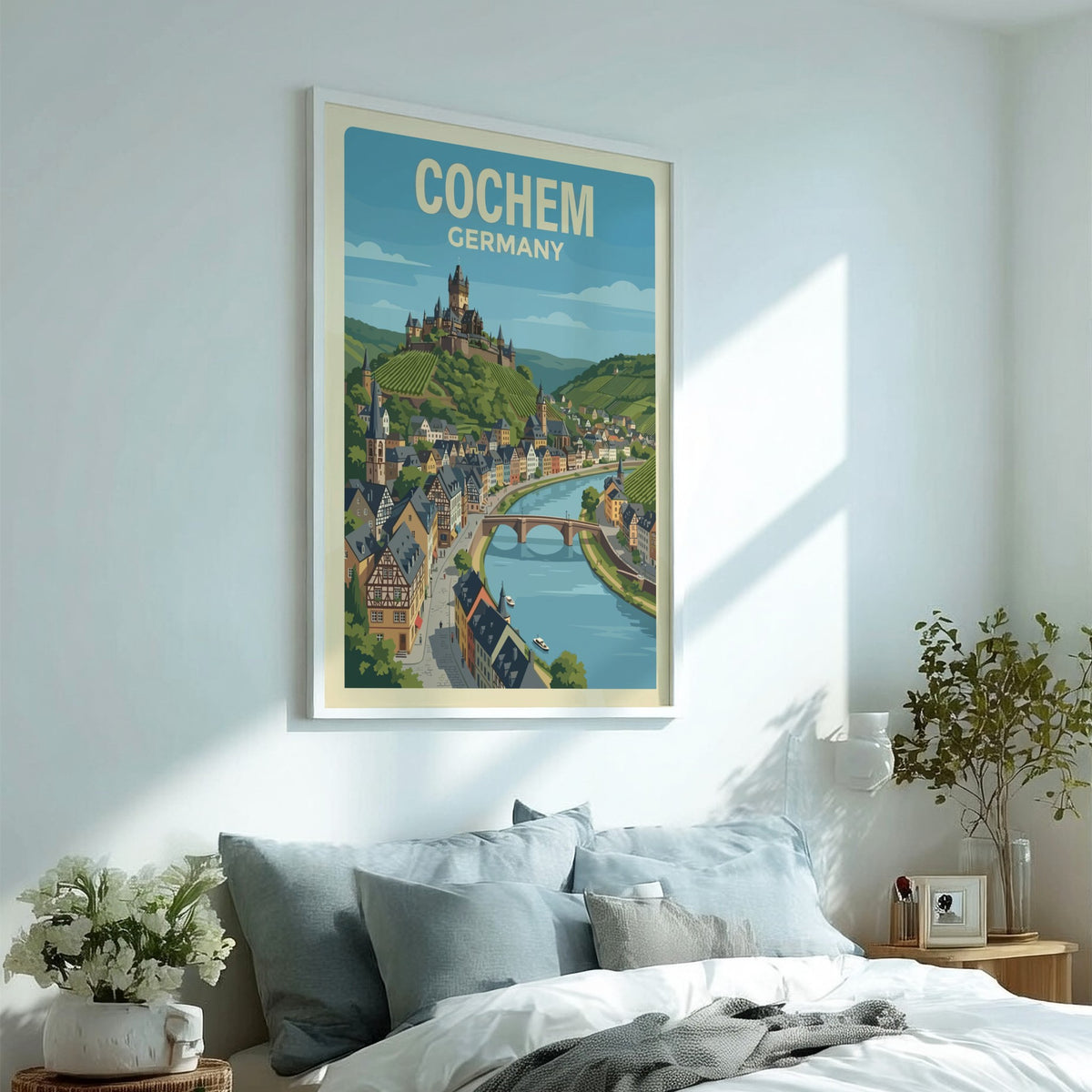 Poster of Cochem Germany featuring the hilltop castle overlooking a river and vineyards.