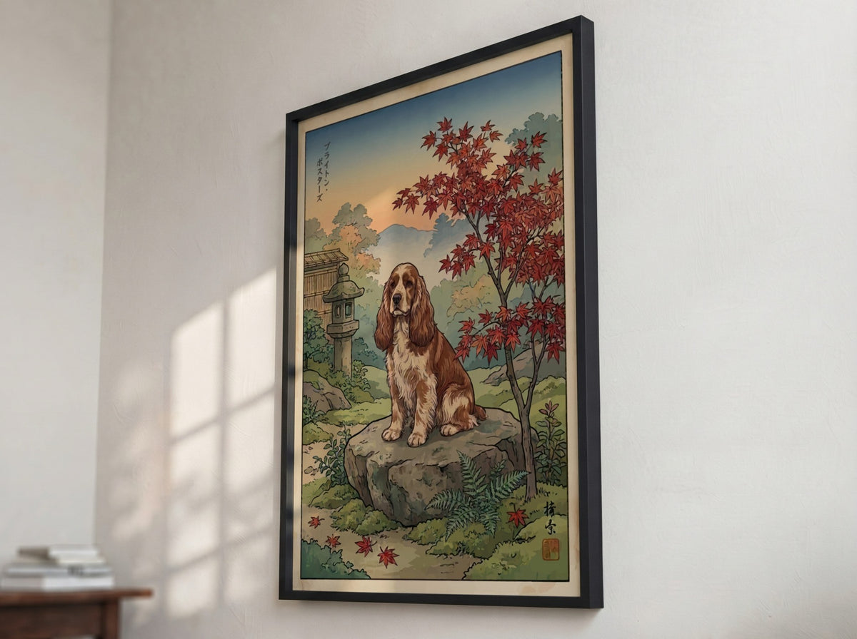 Poster featuring a Cocker Spaniel sitting on a stone in Japanese woodblock style
