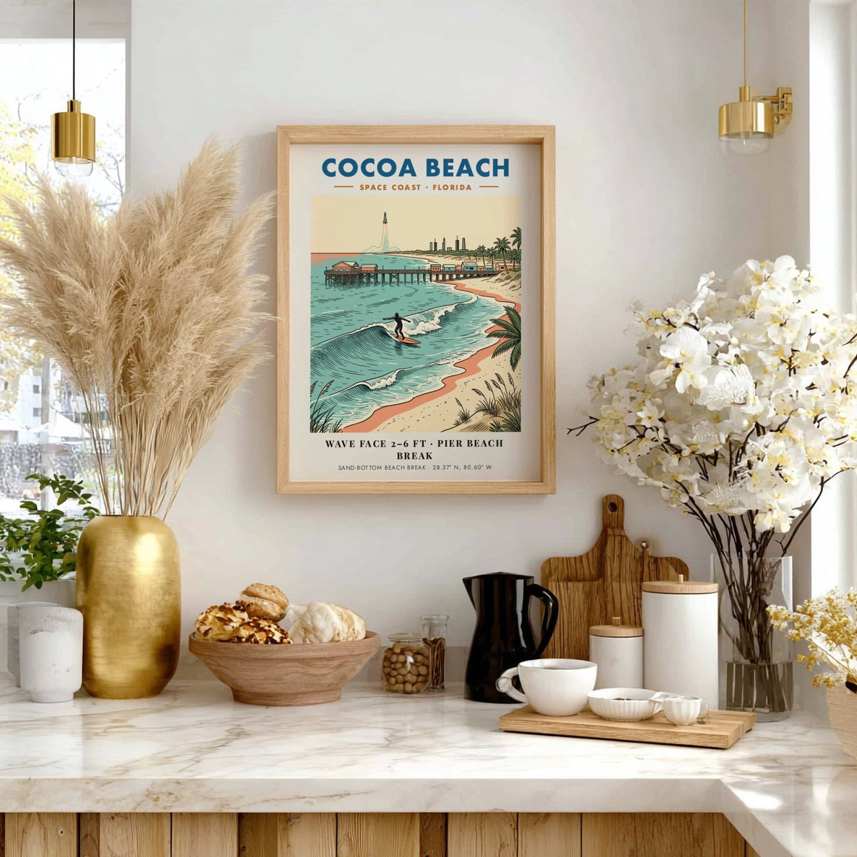 Poster of Cocoa Beach showing a surfer riding a wave near a pier.