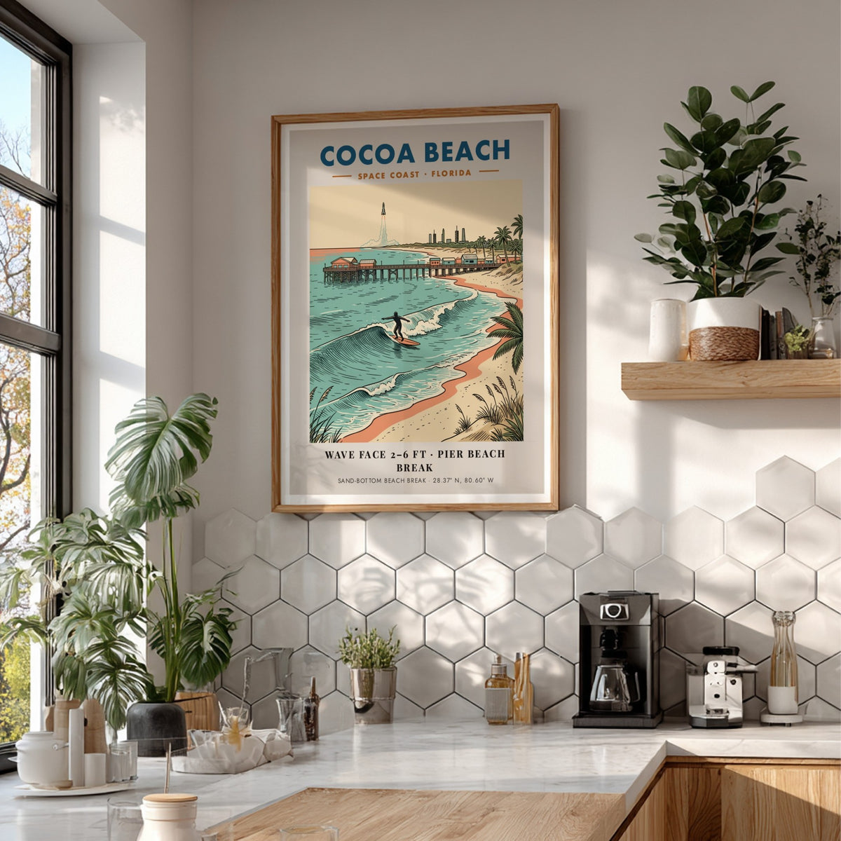 Poster of Cocoa Beach showing a surfer riding a wave near a pier.