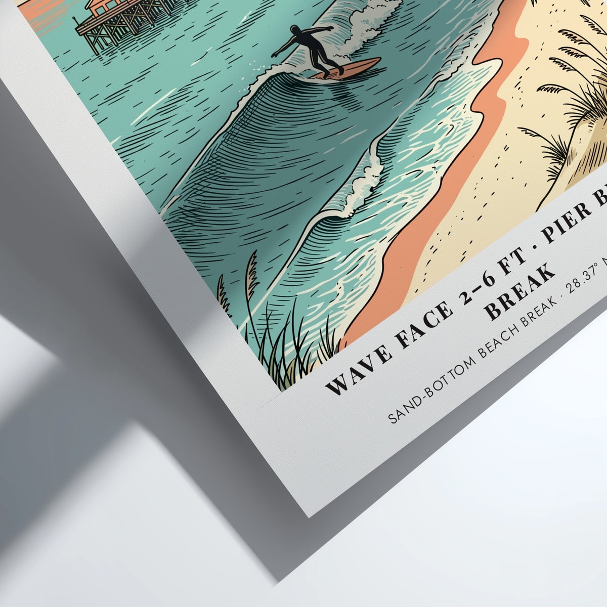 Poster of Cocoa Beach showing a surfer riding a wave near a pier.