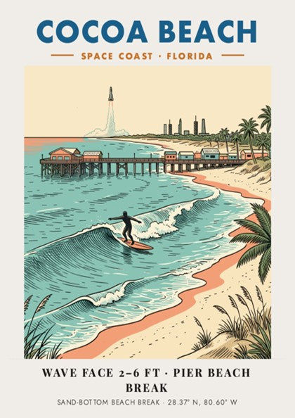 Poster of Cocoa Beach showing a surfer riding a wave near a pier.