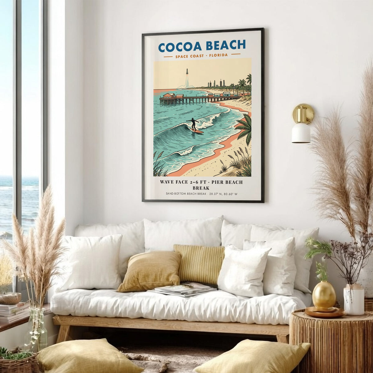 Poster of Cocoa Beach showing a surfer riding a wave near a pier.
