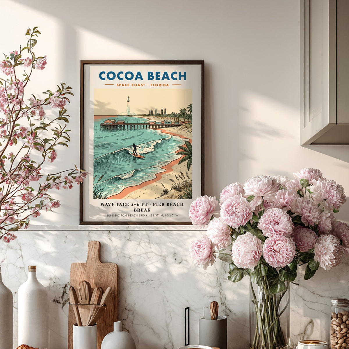 Poster of Cocoa Beach showing a surfer riding a wave near a pier.