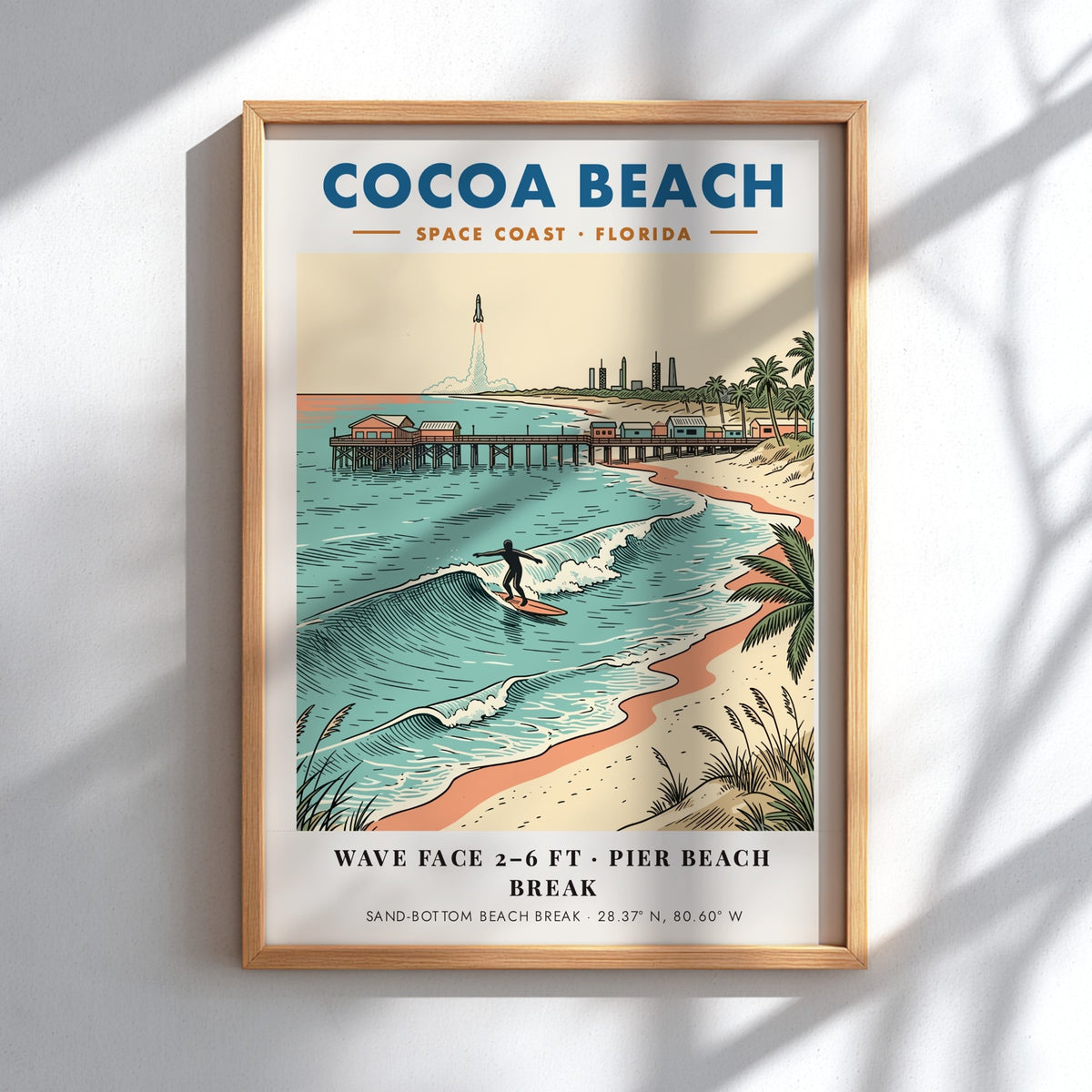 Poster of Cocoa Beach showing a surfer riding a wave near a pier.
