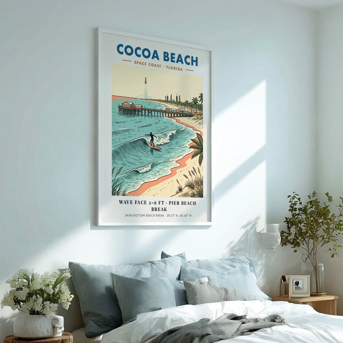 Poster of Cocoa Beach showing a surfer riding a wave near a pier.
