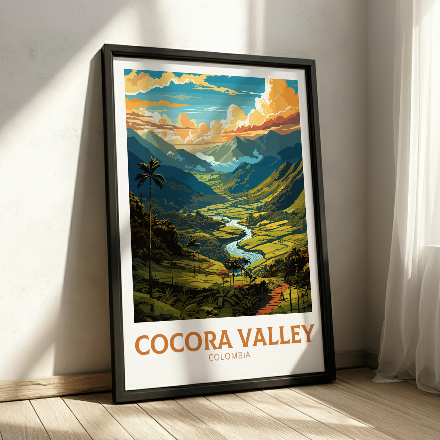 Framed poster of Cocora Valley, Colombia with a scenic mountain landscape.