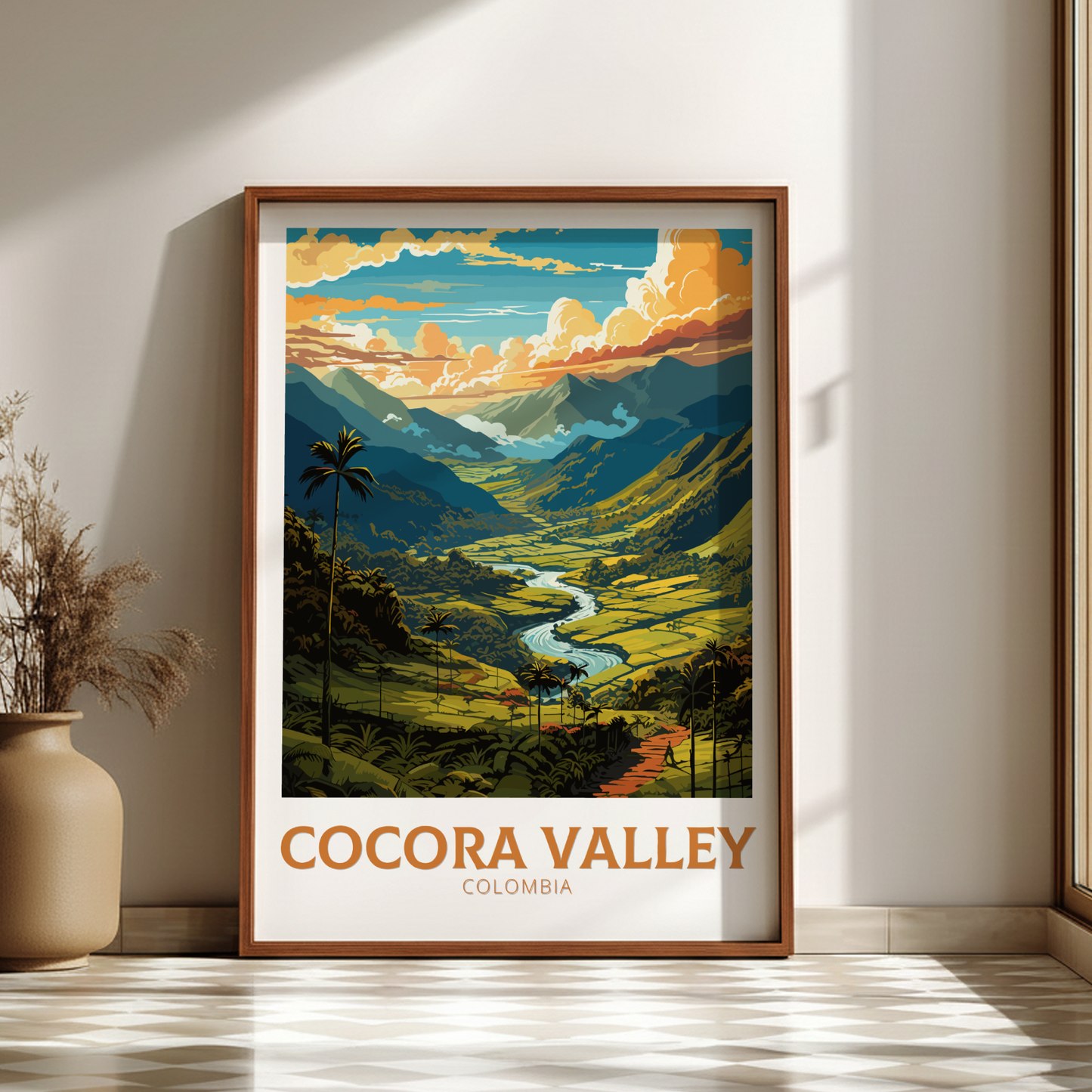 Framed artwork of Cocora Valley, Colombia, on a wall with a vase and plant.