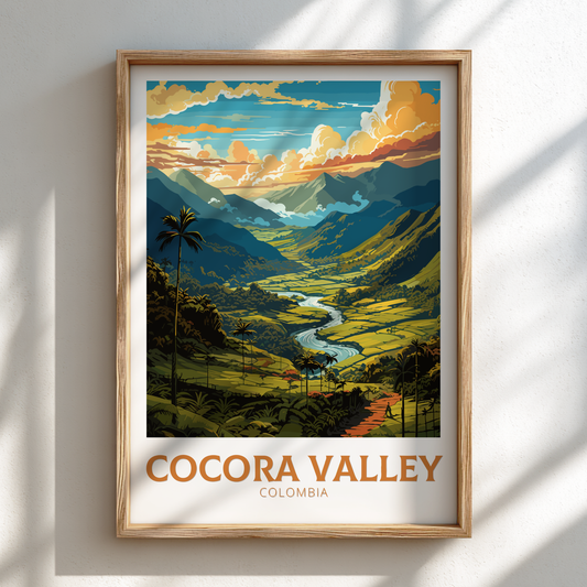 Framed artwork of Cocora Valley, Colombia with a wooden frame on a white wall.