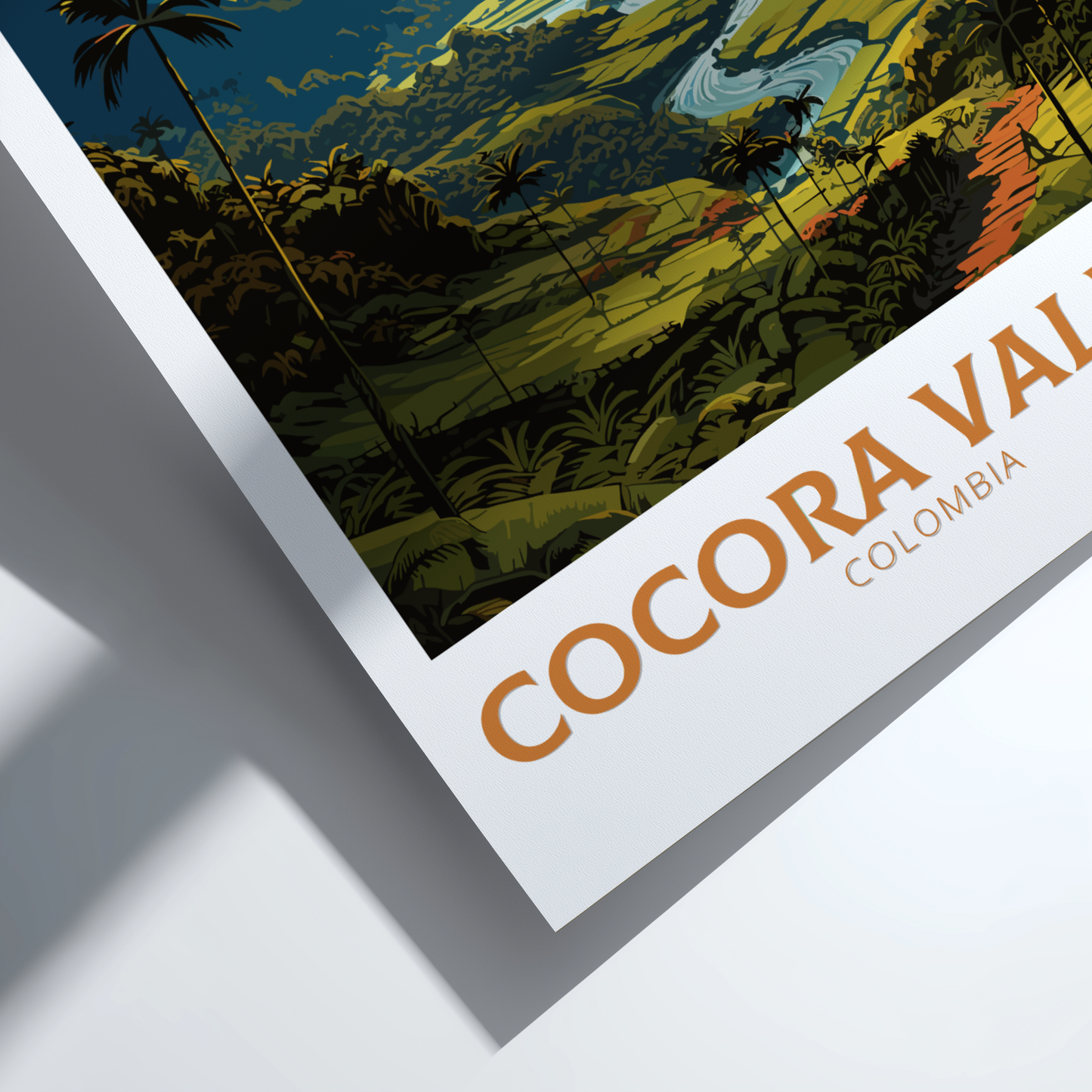Poster of the Cocora Valley in Colombia with a scenic landscape and 'Cocora Valley Colombia' text.