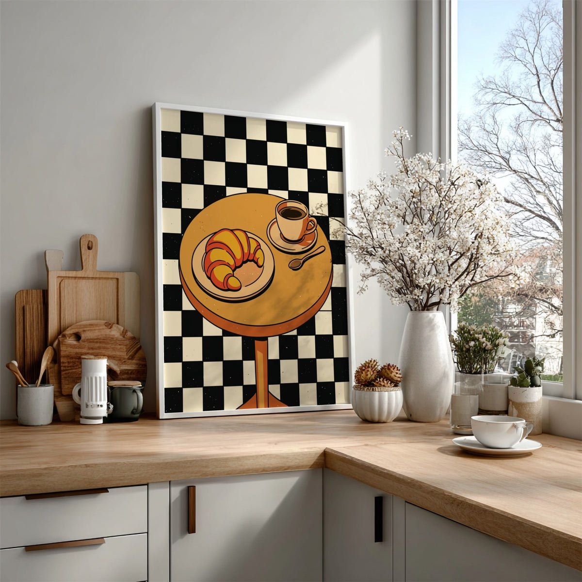 Poster featuring a golden croissant and coffee cup on a table with checkered background
