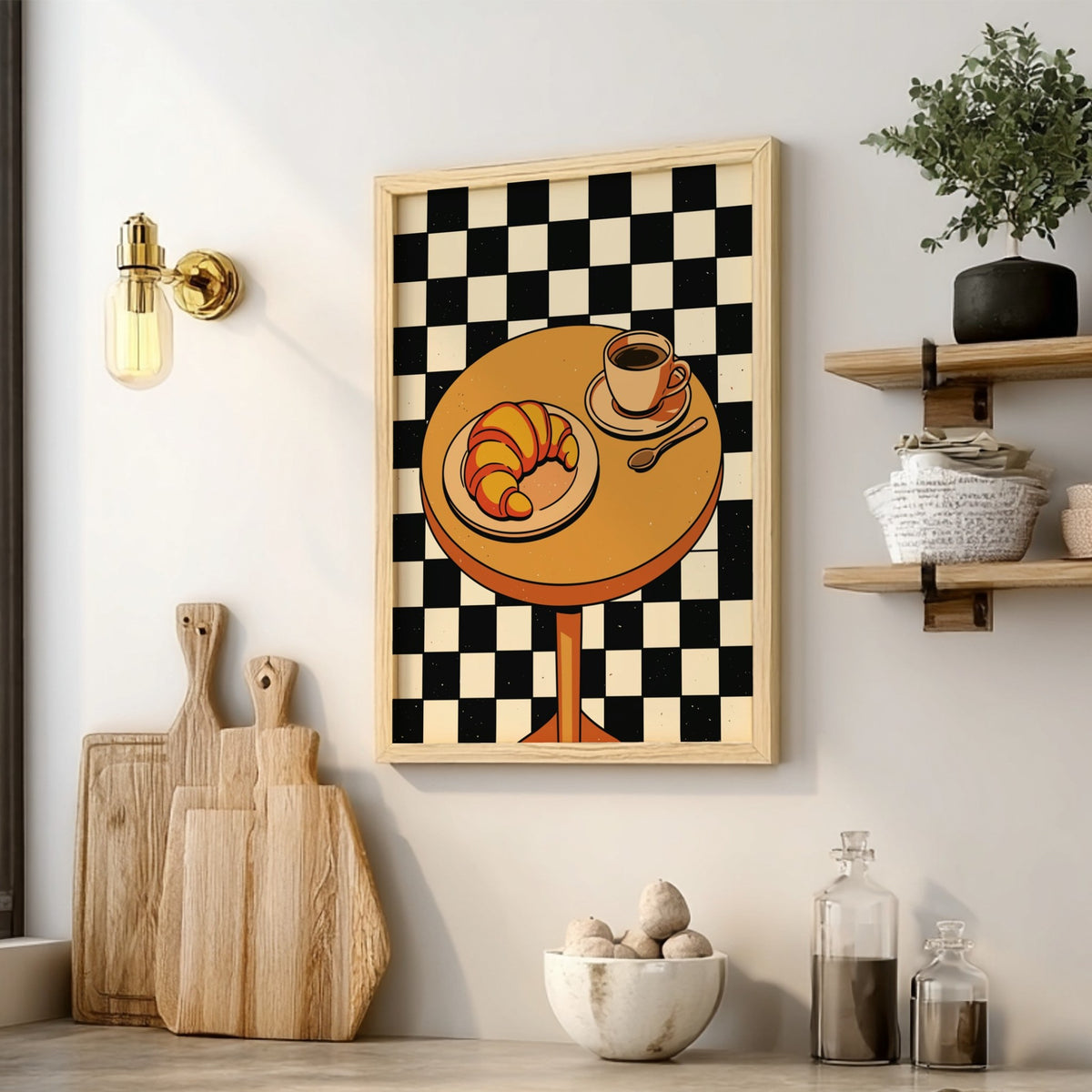 Poster featuring a golden croissant and coffee cup on a table with checkered background