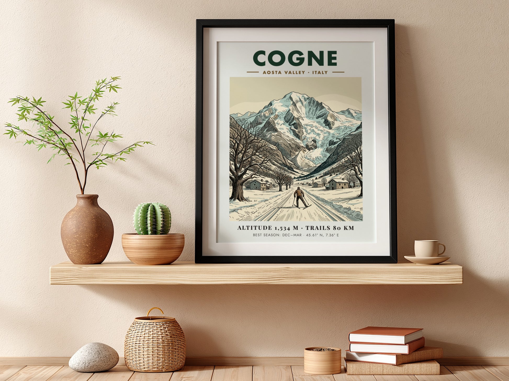 Poster of Cogne Aosta Valley showing a skier on snowy trails beneath mountain peaks.