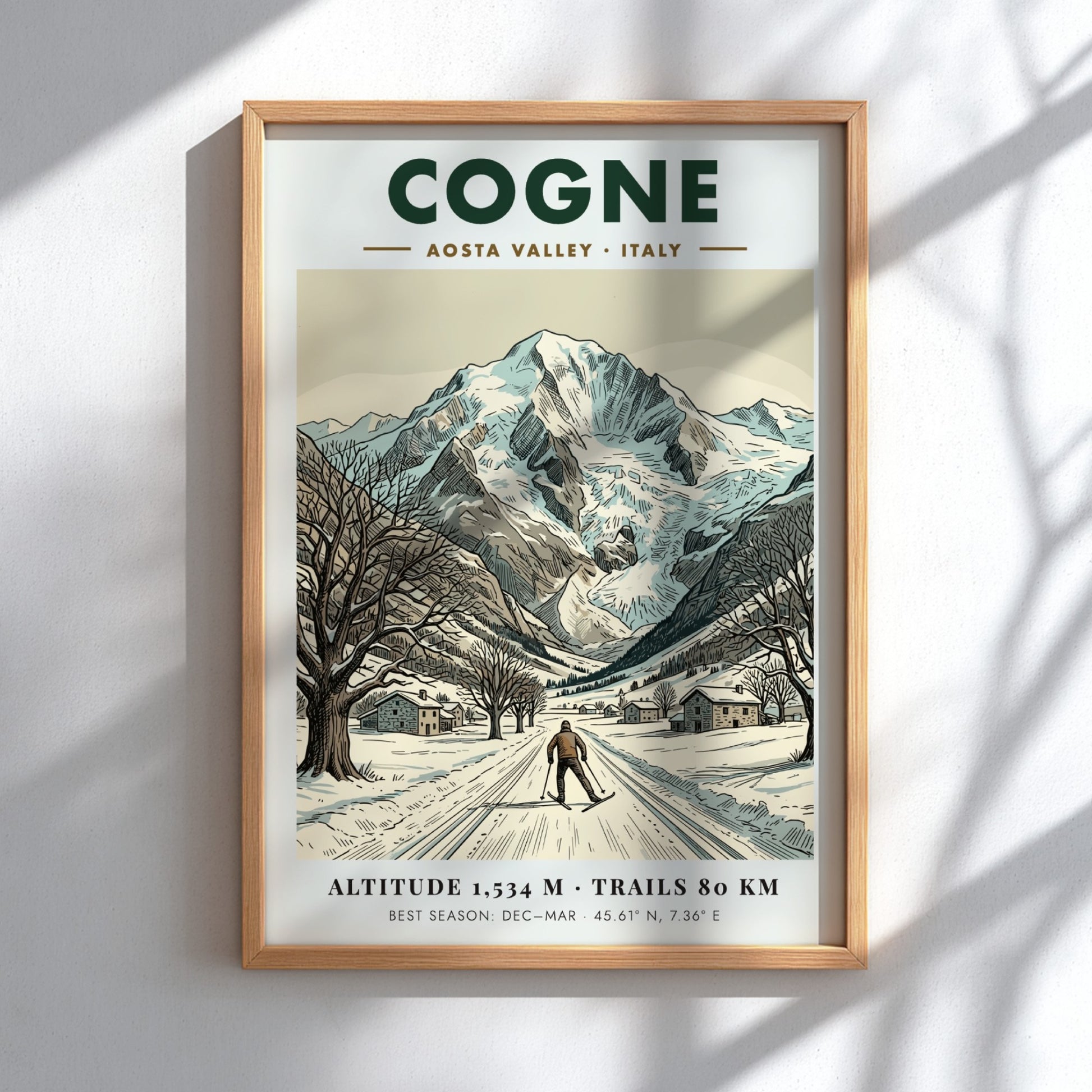 Poster of Cogne Aosta Valley showing a skier on snowy trails beneath mountain peaks.