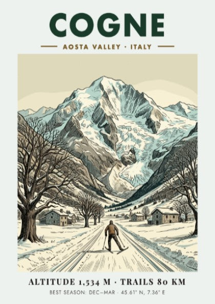 Poster of Cogne Aosta Valley showing a skier on snowy trails beneath mountain peaks.