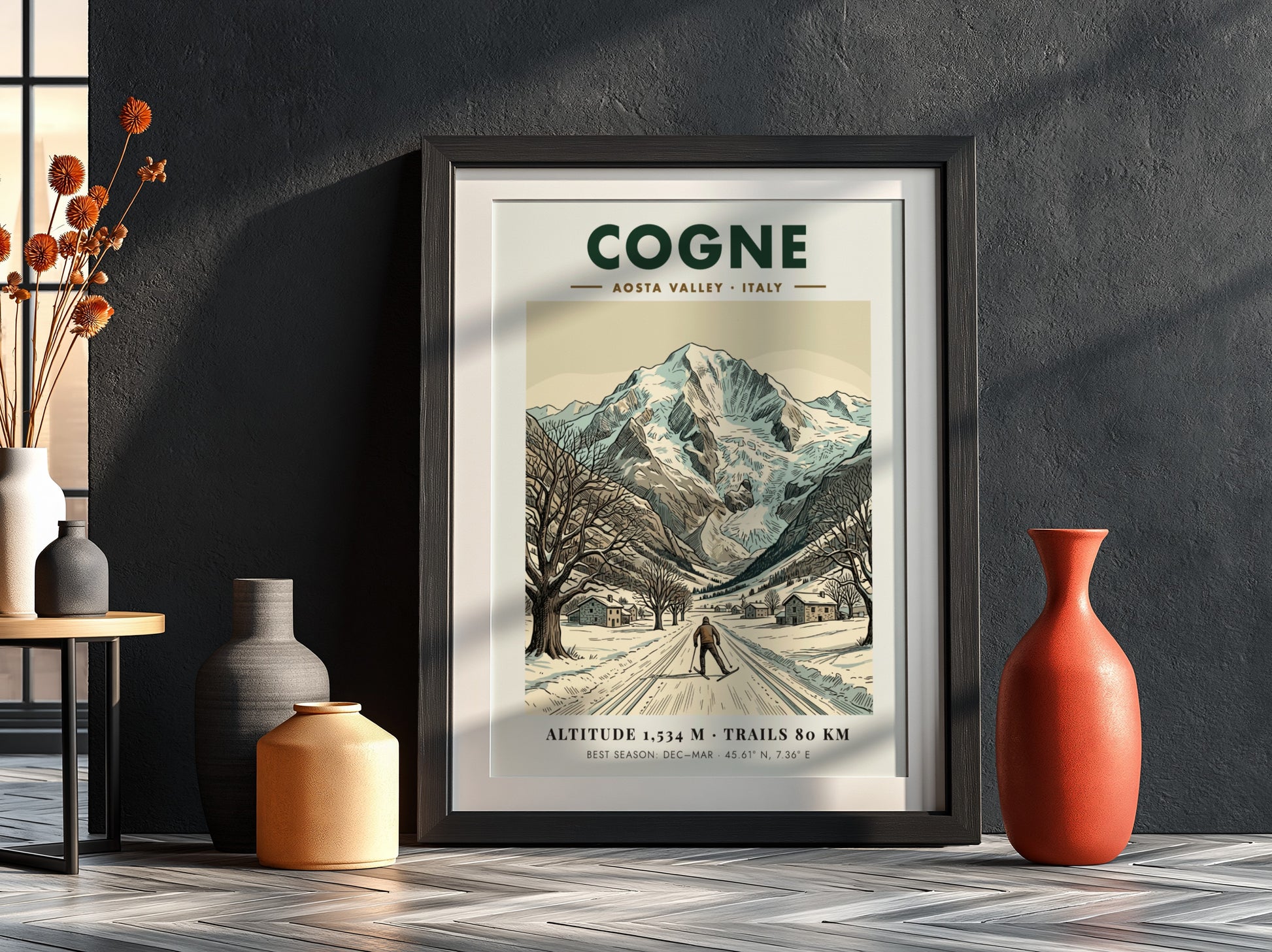 Poster of Cogne Aosta Valley showing a skier on snowy trails beneath mountain peaks.