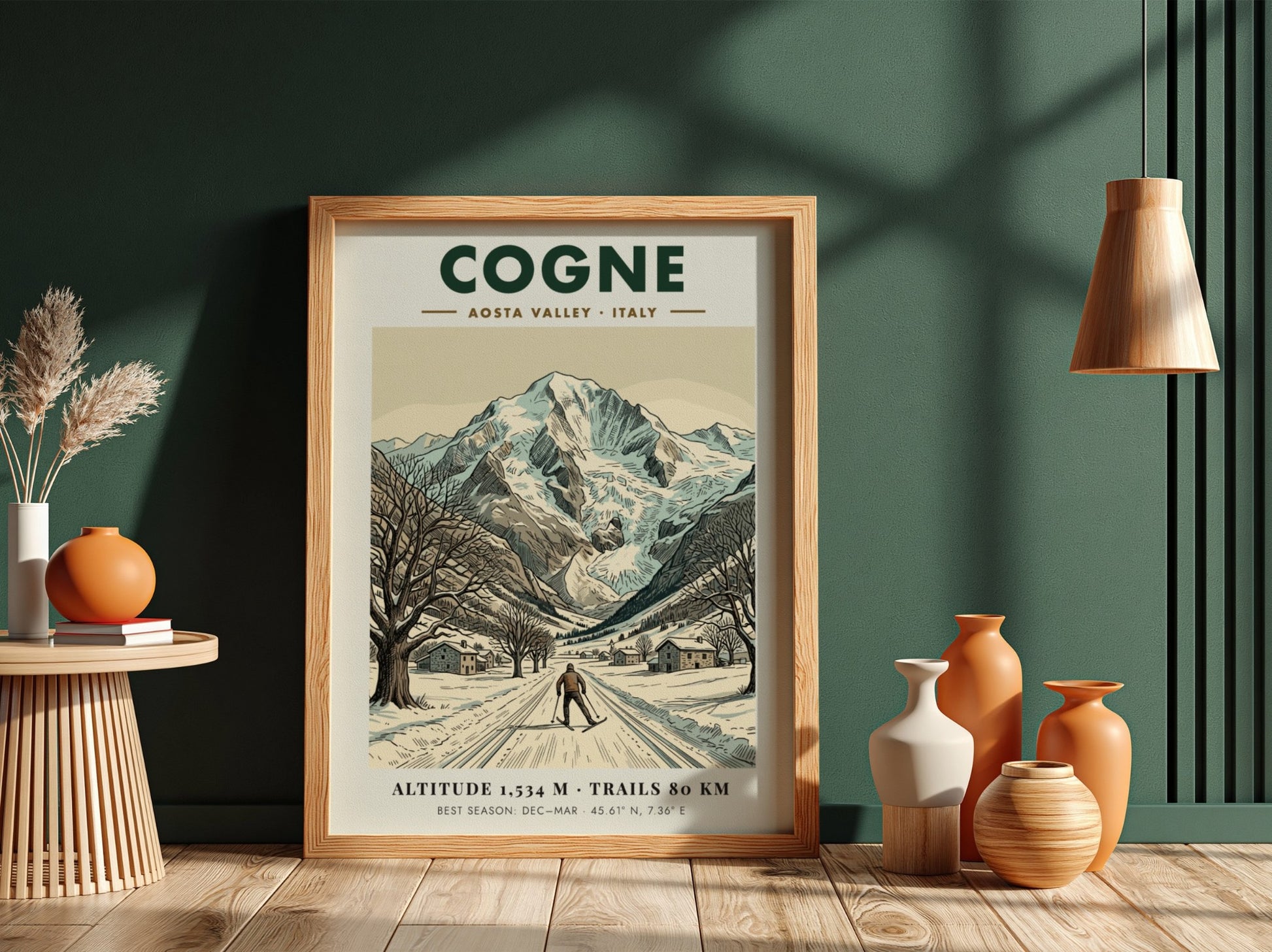 Poster of Cogne Aosta Valley showing a skier on snowy trails beneath mountain peaks.