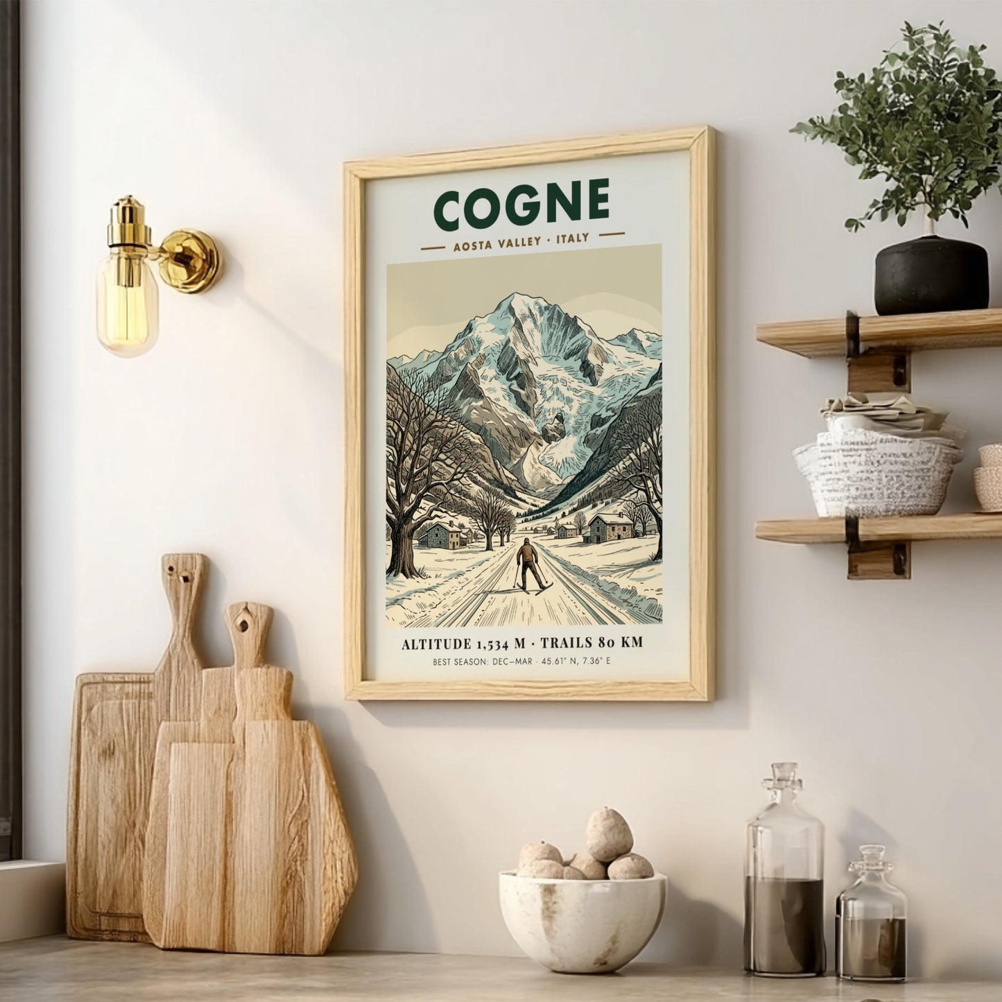 Poster of Cogne Aosta Valley showing a skier on snowy trails beneath mountain peaks.